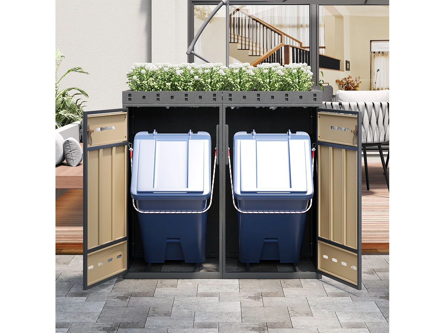 Dubbele afvalbakbehuizing 120–240 L met plantenbak - Grijs staal met houtlook