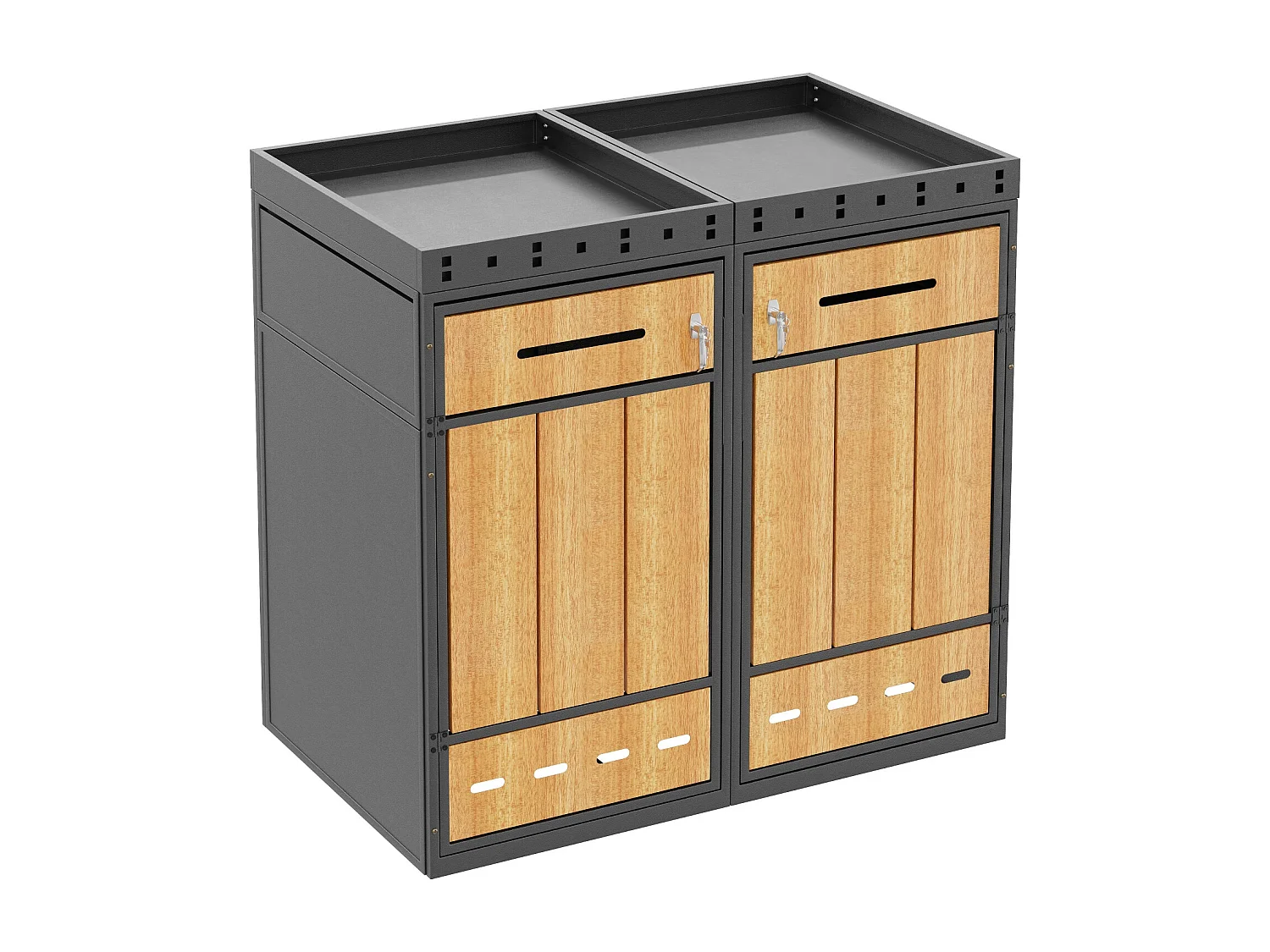 Dubbele afvalbakbehuizing 120–240 L met plantenbak - Grijs staal met houtlook