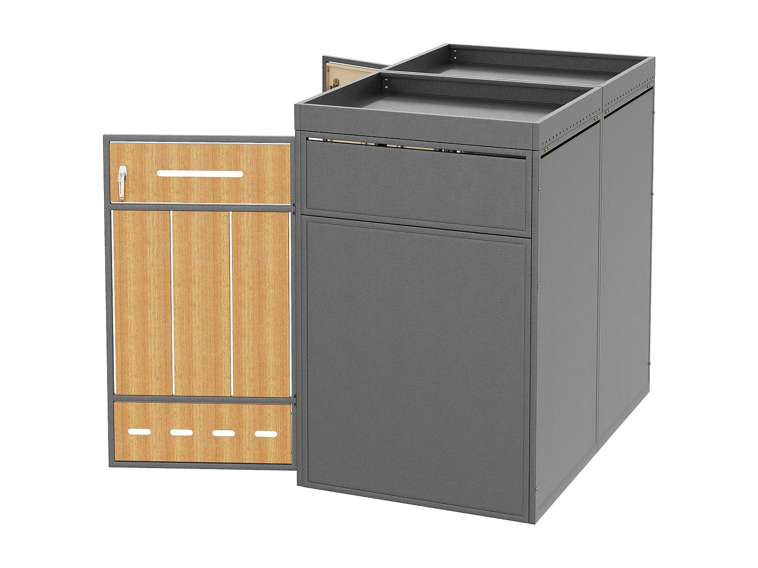 Dubbele afvalbakbehuizing 120–240 L met plantenbak - Grijs staal met houtlook