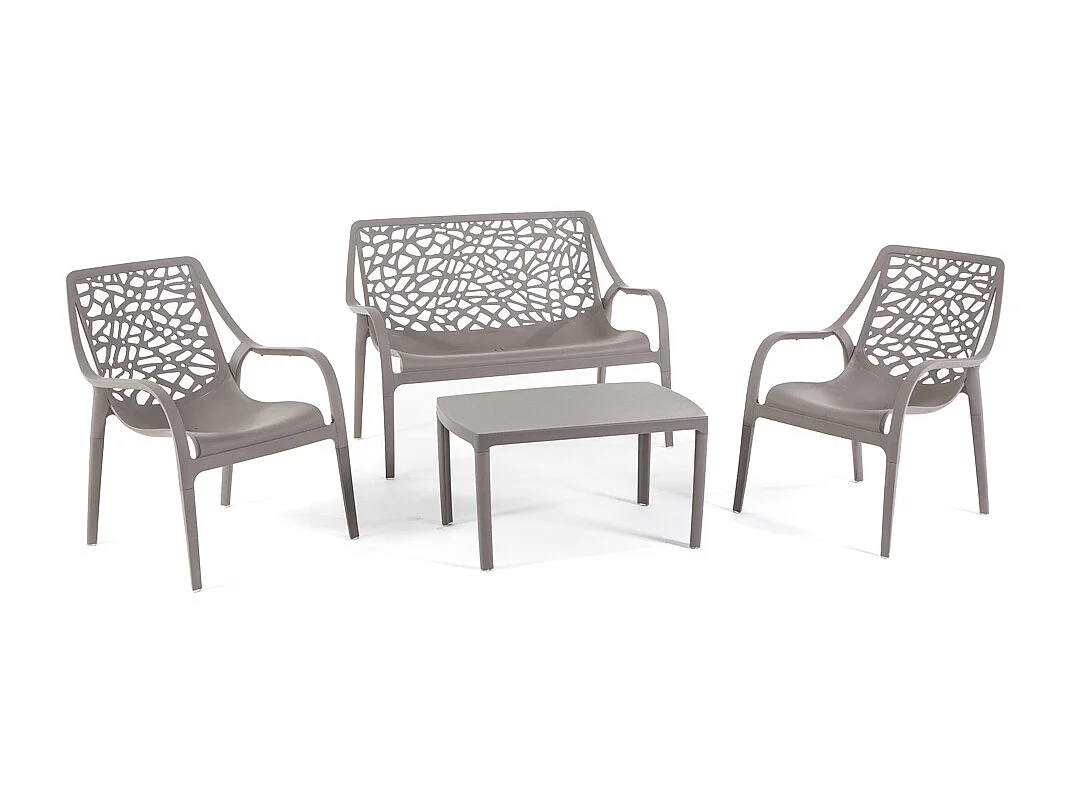 Ensemble de jardin 4 places en polypropylène, canapé 2 places, 2 fauteuils et table basse, empilable et imperméable – Maratea – Taupe