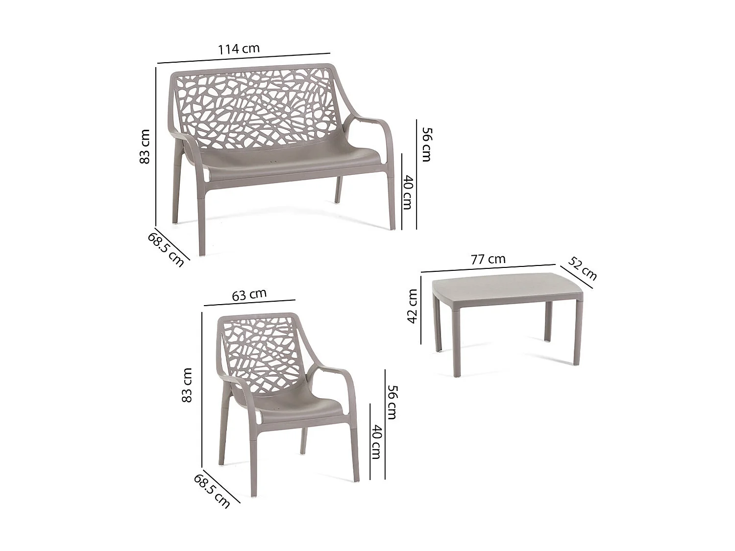 Ensemble de jardin 4 places en polypropylène, canapé 2 places, 2 fauteuils et table basse, empilable et imperméable – Maratea – Taupe