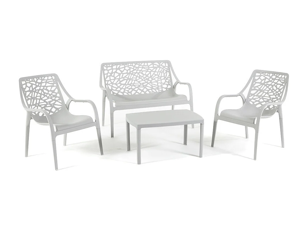 Ensemble de jardin 4 places en polypropylène, canapé 2 places, 2 fauteuils et table basse, empilable et imperméable – Maratea – Gris