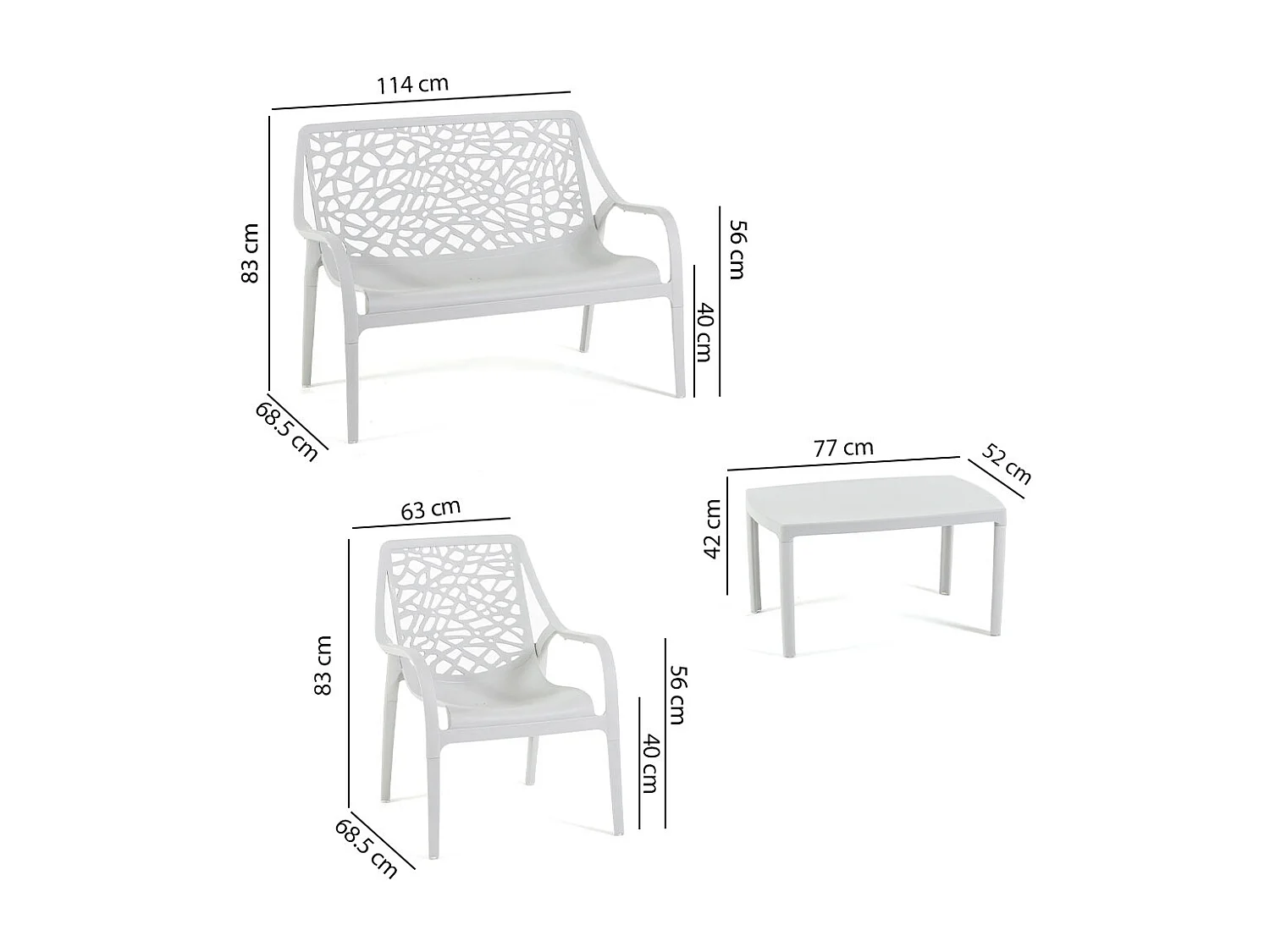 Ensemble de jardin 4 places en polypropylène, canapé 2 places, 2 fauteuils et table basse, empilable et imperméable – Maratea – Gris