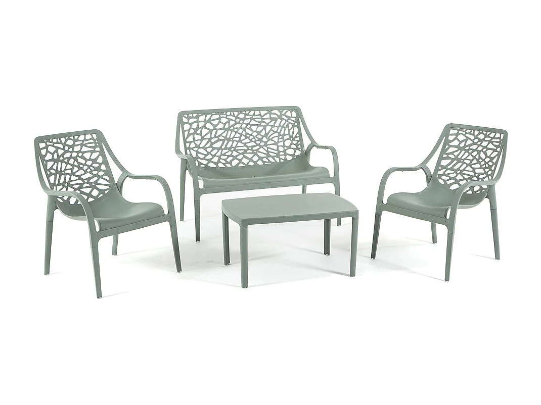 Ensemble de jardin 4 places en polypropylène, canapé 2 places, 2 fauteuils et table basse, empilable et imperméable – Maratea – Sauge
