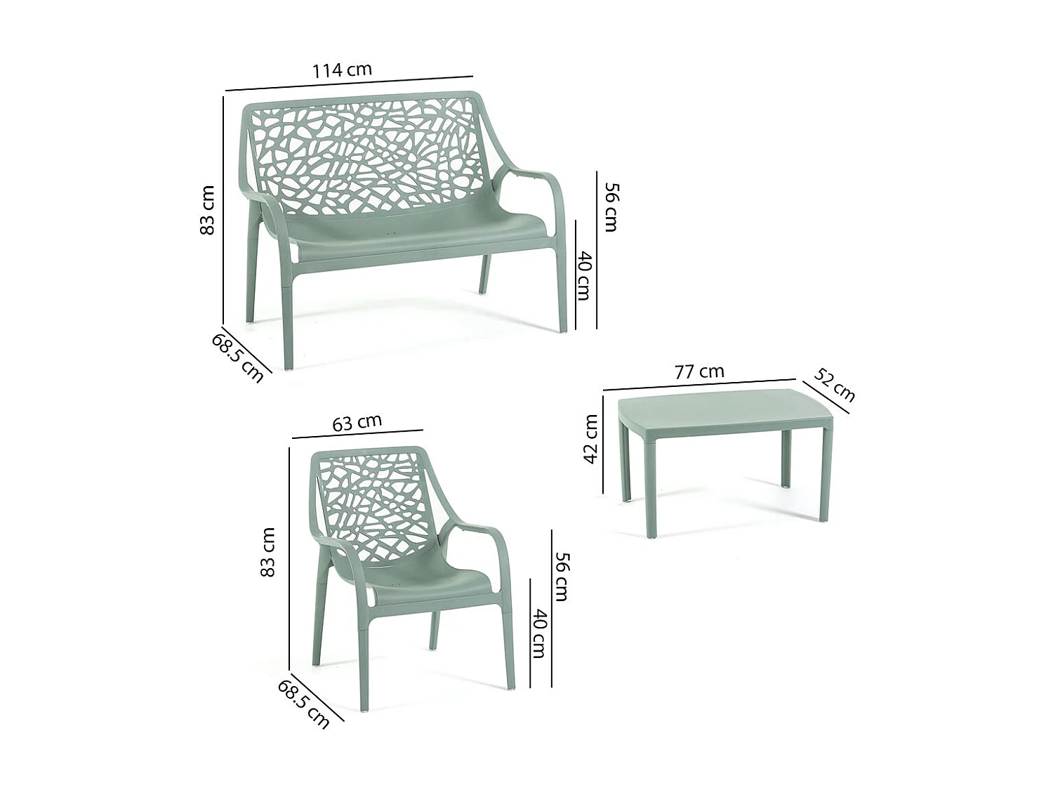 Ensemble de jardin 4 places en polypropylène, canapé 2 places, 2 fauteuils et table basse, empilable et imperméable – Maratea – Sauge