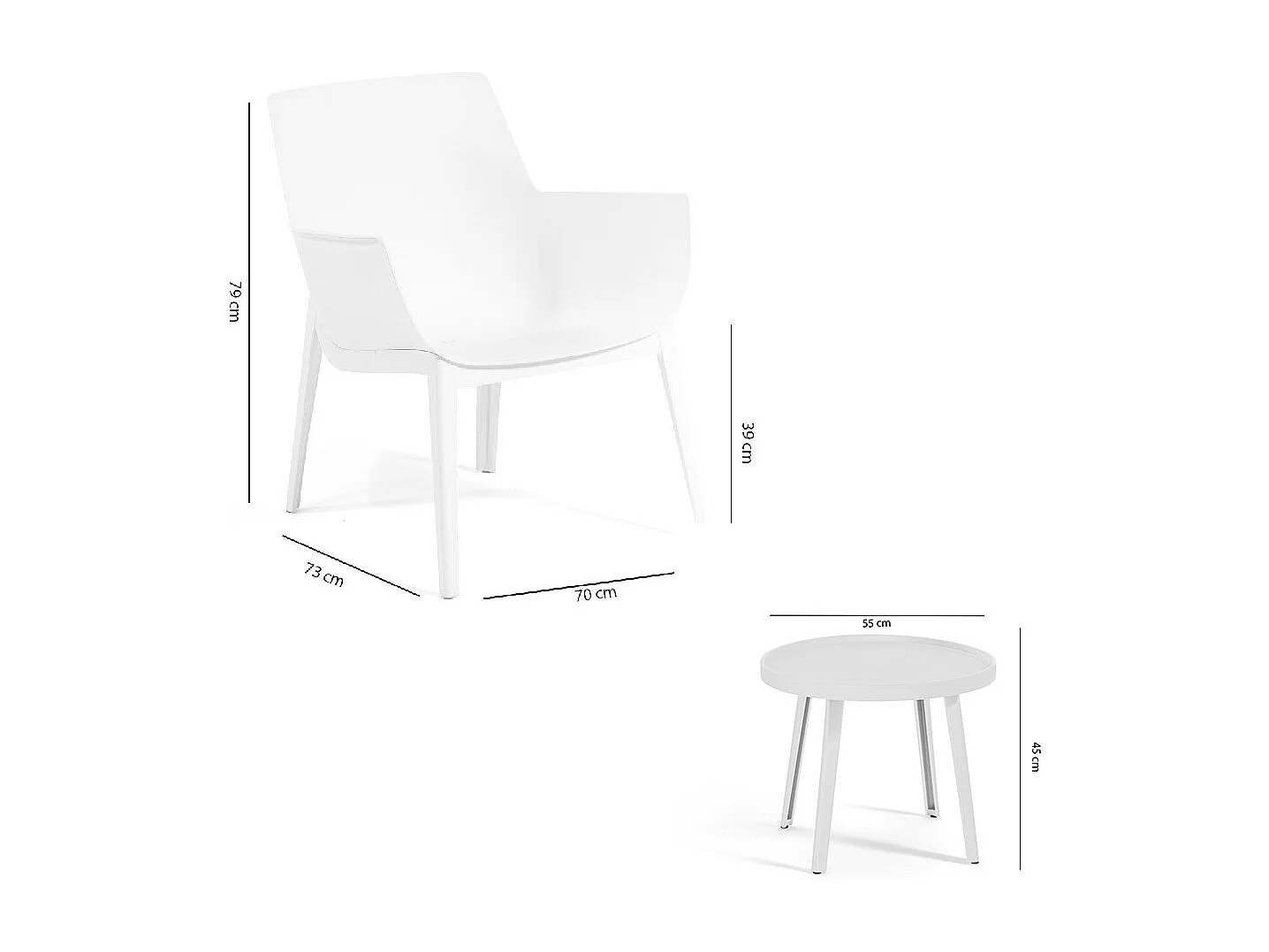 Ensemble de jardin en résine avec 2 fauteuils et table basse, design moderne, ergonomique et résistant pour l'extérieur - Betty - Blanc