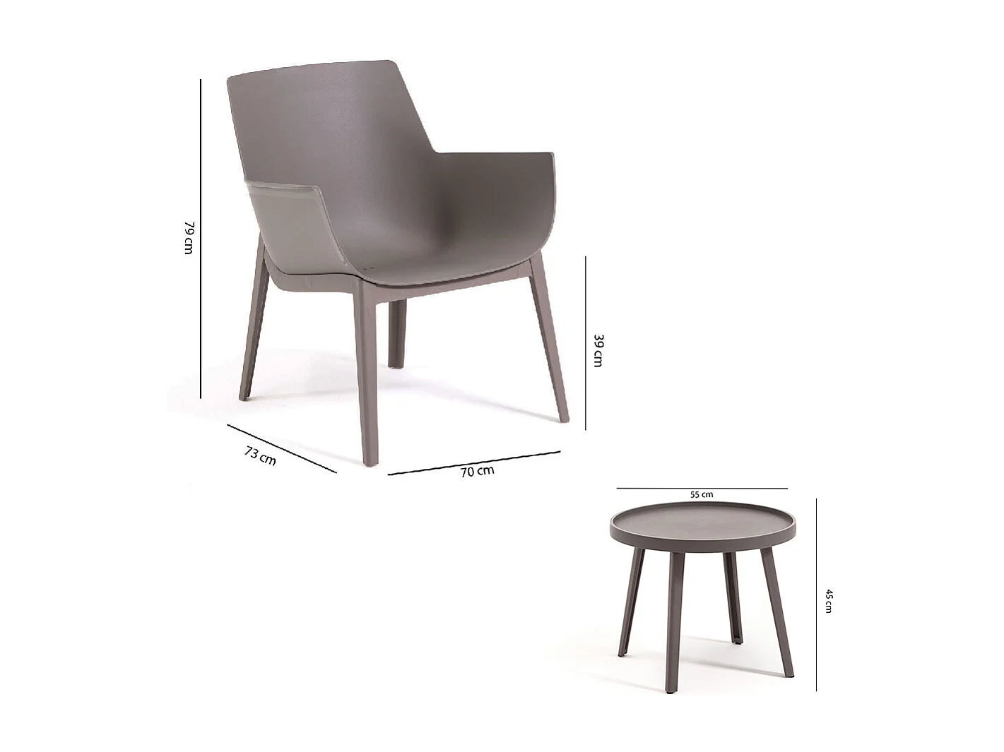 Ensemble de jardin en résine avec 2 fauteuils et table basse, design moderne, ergonomique et résistant pour l'extérieur - Betty - Taupe