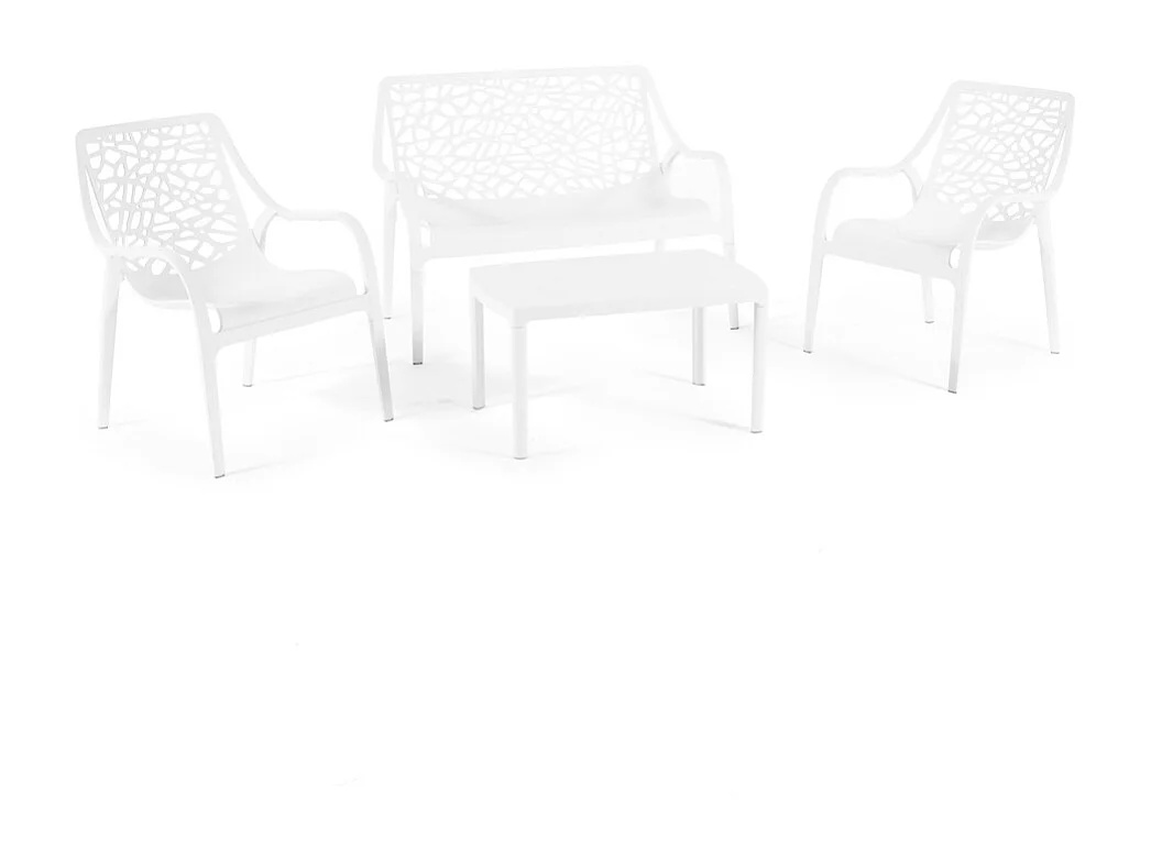 Ensemble de jardin 4 places en polypropylène, canapé 2 places, 2 fauteuils et table basse, empilable et imperméable – Maratea – Blanc