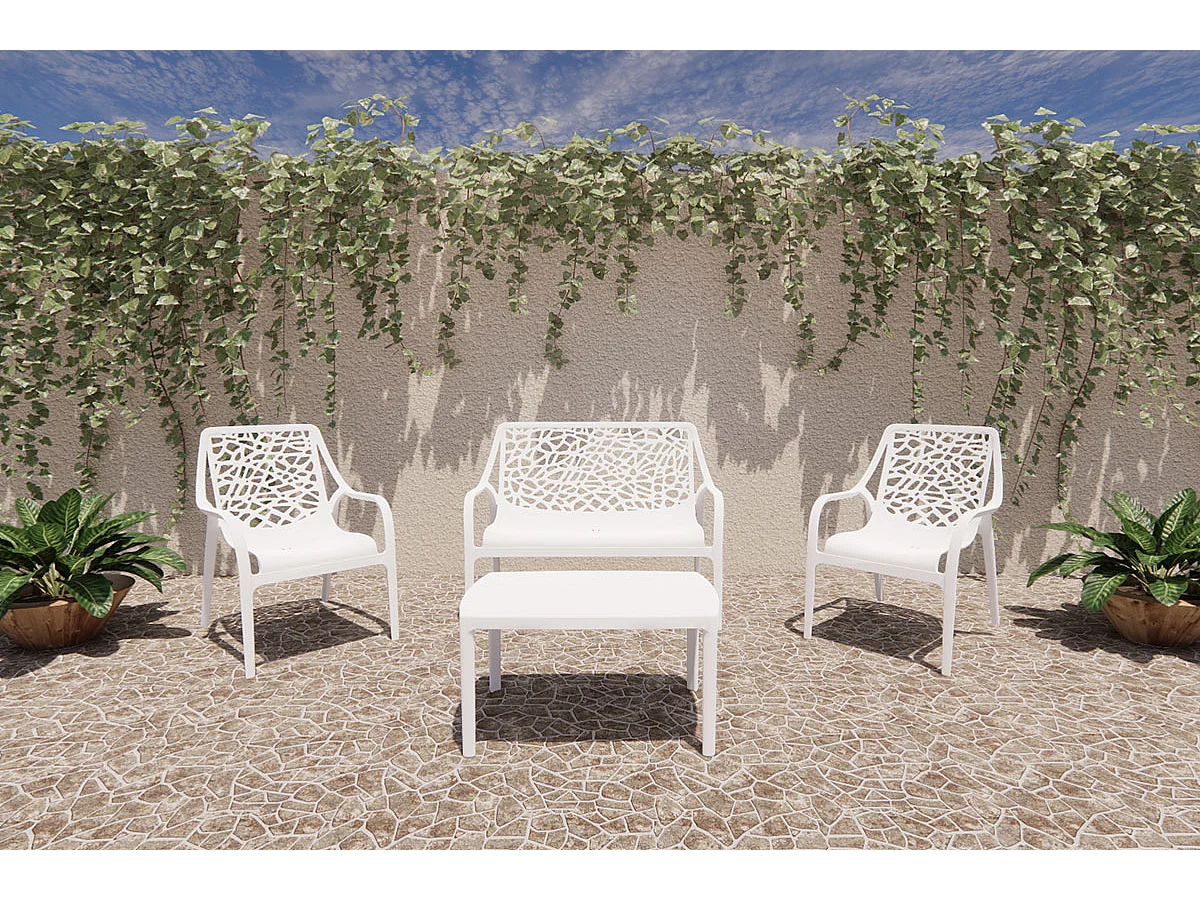 Ensemble de jardin 4 places en polypropylène, canapé 2 places, 2 fauteuils et table basse, empilable et imperméable – Maratea – Blanc