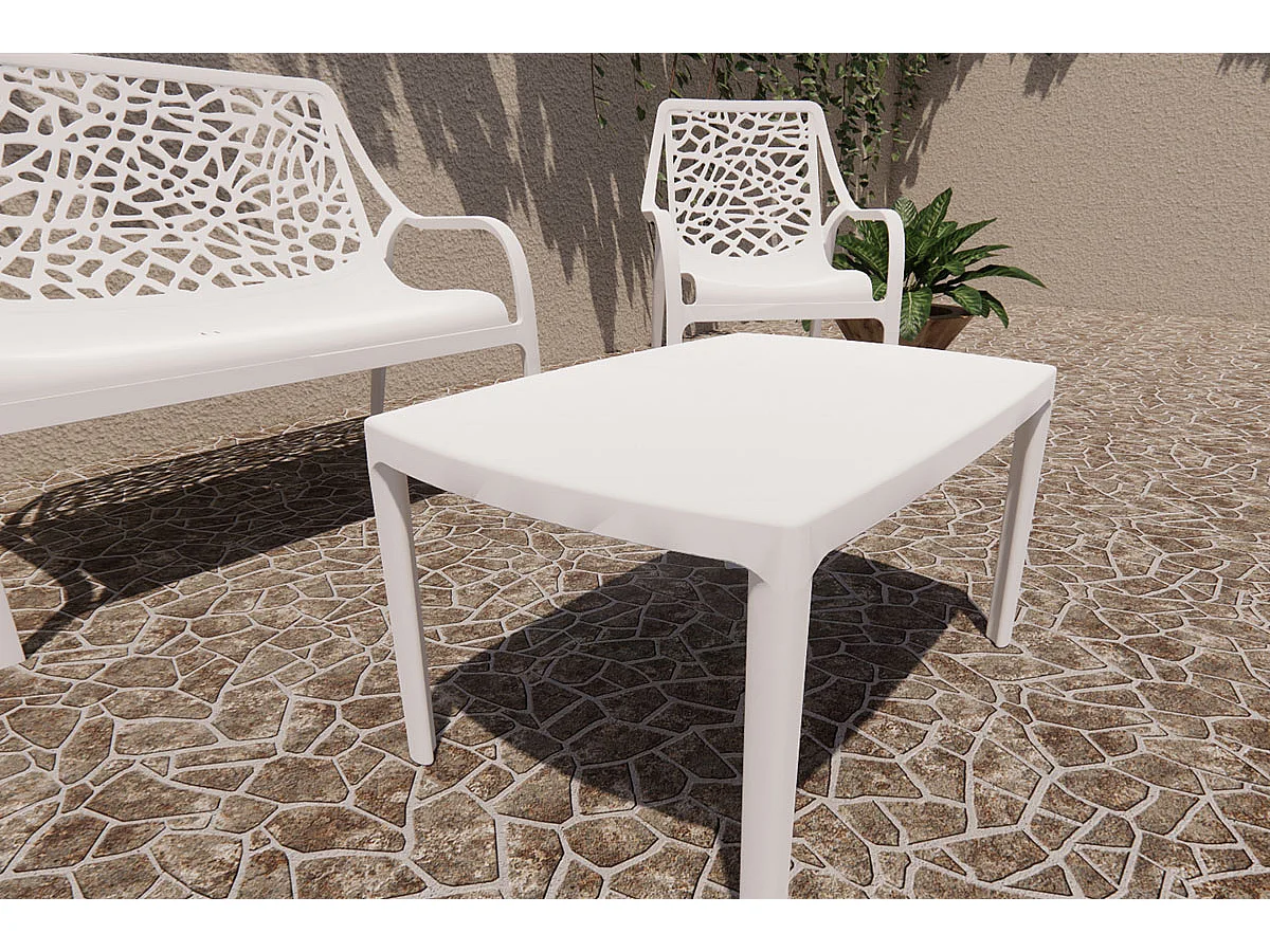 Ensemble de jardin 4 places en polypropylène, canapé 2 places, 2 fauteuils et table basse, empilable et imperméable – Maratea – Blanc