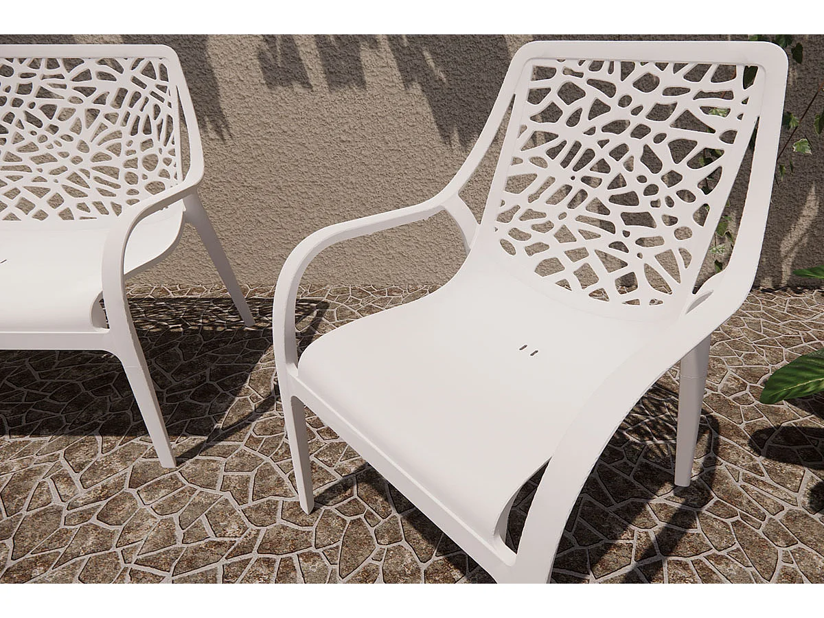 Ensemble de jardin 4 places en polypropylène, canapé 2 places, 2 fauteuils et table basse, empilable et imperméable – Maratea – Blanc
