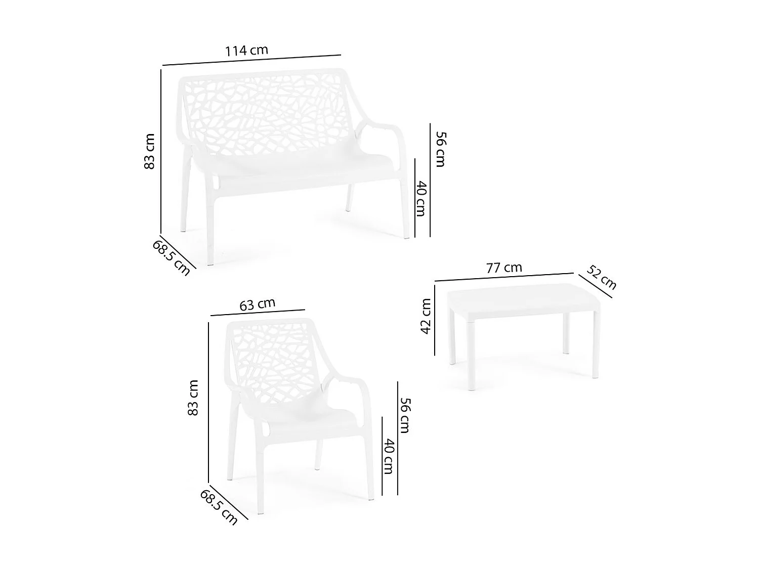 Ensemble de jardin 4 places en polypropylène, canapé 2 places, 2 fauteuils et table basse, empilable et imperméable – Maratea – Blanc
