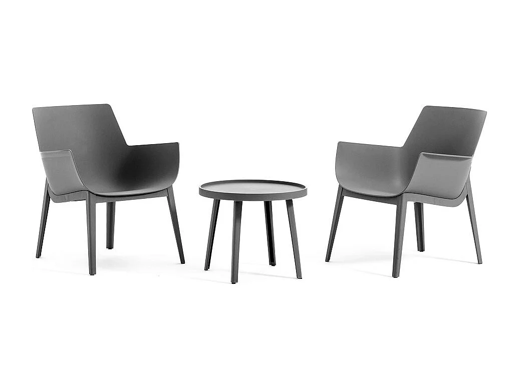 Ensemble de jardin en résine avec 2 fauteuils et table basse, design moderne, ergonomique et résistant pour l'extérieur - Betty - Gris foncé