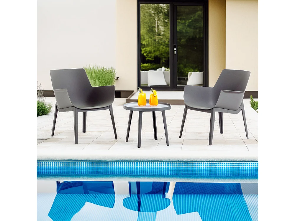 Ensemble de jardin en résine avec 2 fauteuils et table basse, design moderne, ergonomique et résistant pour l'extérieur - Betty - Gris foncé