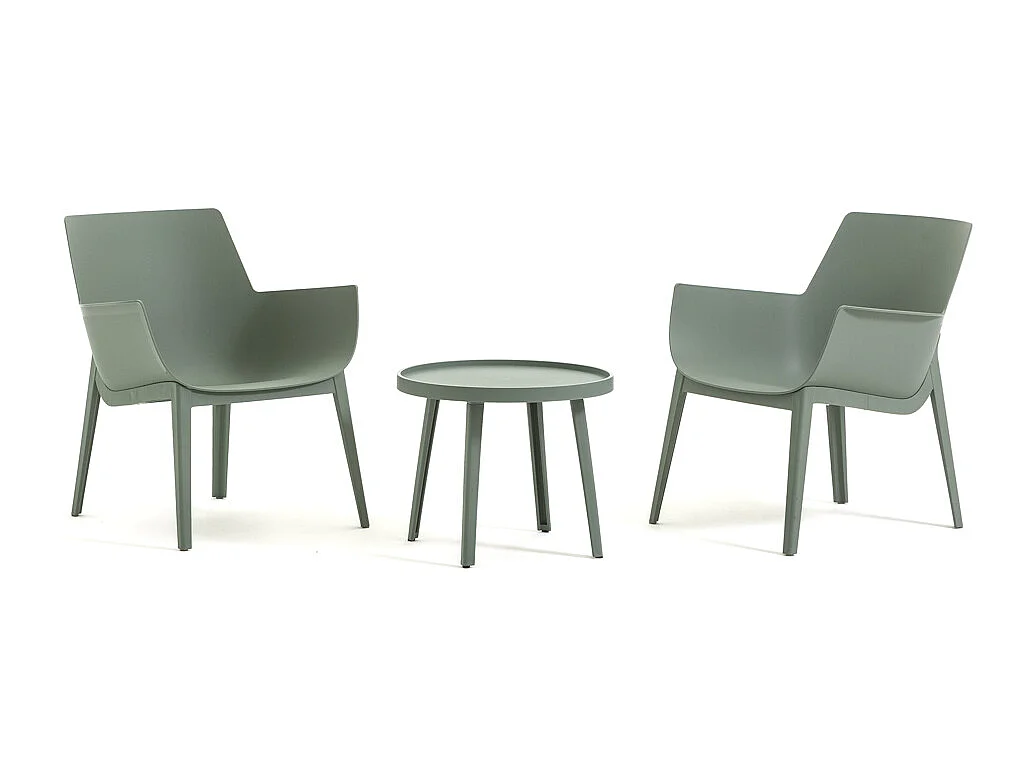 Ensemble de jardin en résine avec 2 fauteuils et table basse, design moderne, ergonomique et résistant pour l'extérieur - Betty - Sauge