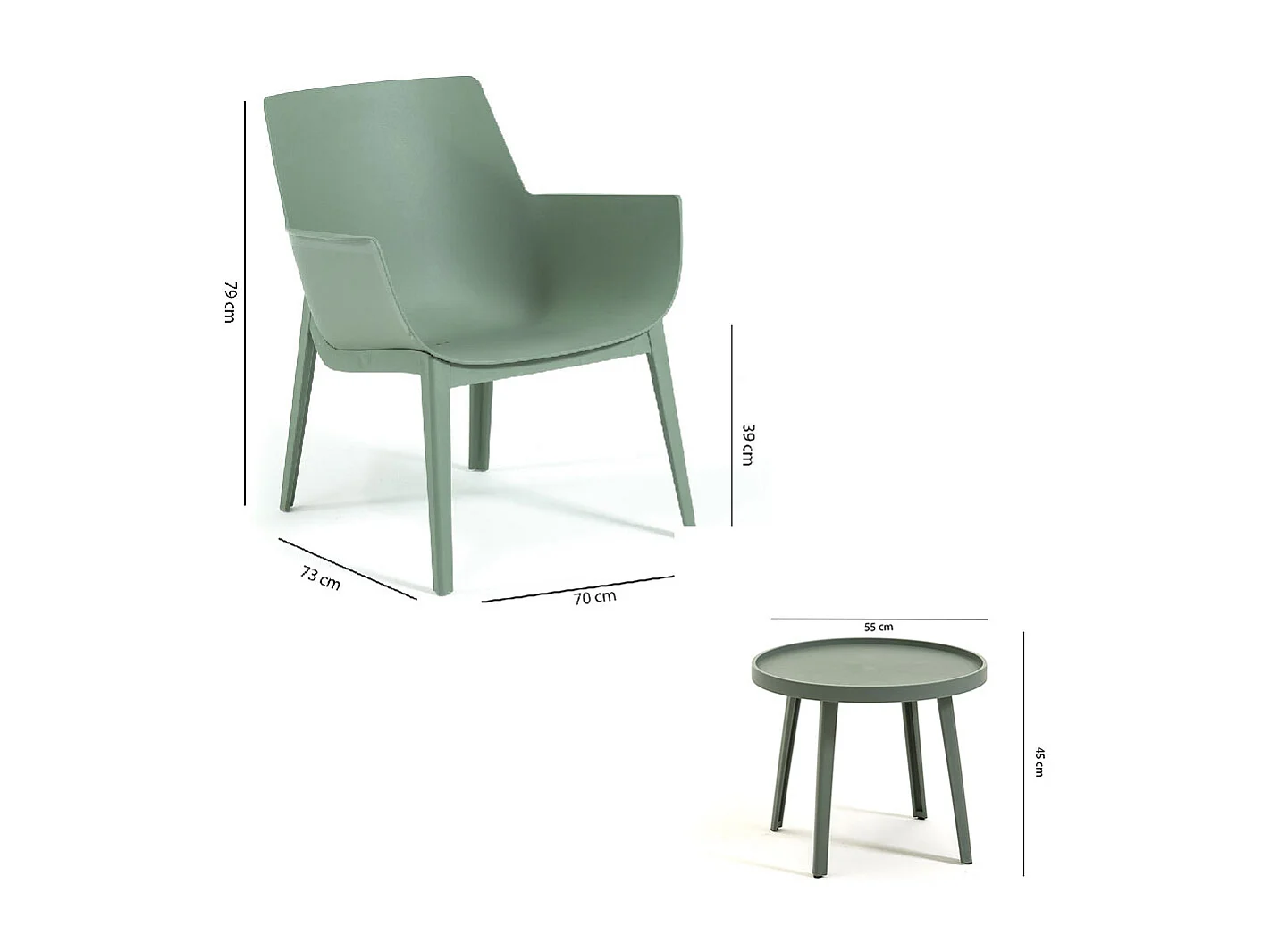 Ensemble de jardin en résine avec 2 fauteuils et table basse, design moderne, ergonomique et résistant pour l'extérieur - Betty - Sauge