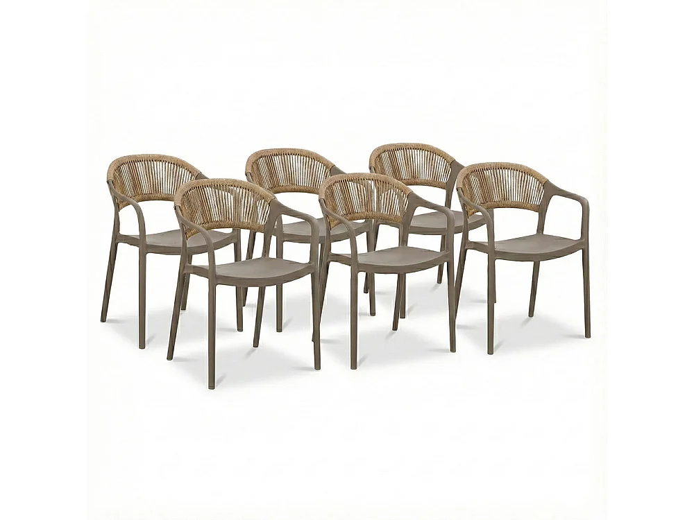 Lot de 6 chaises en polypropylène avec tissage en corde, élégantes, résistantes, empilables, pour jardin, balcon, bar, restaurants-JOLANDA-Taupe