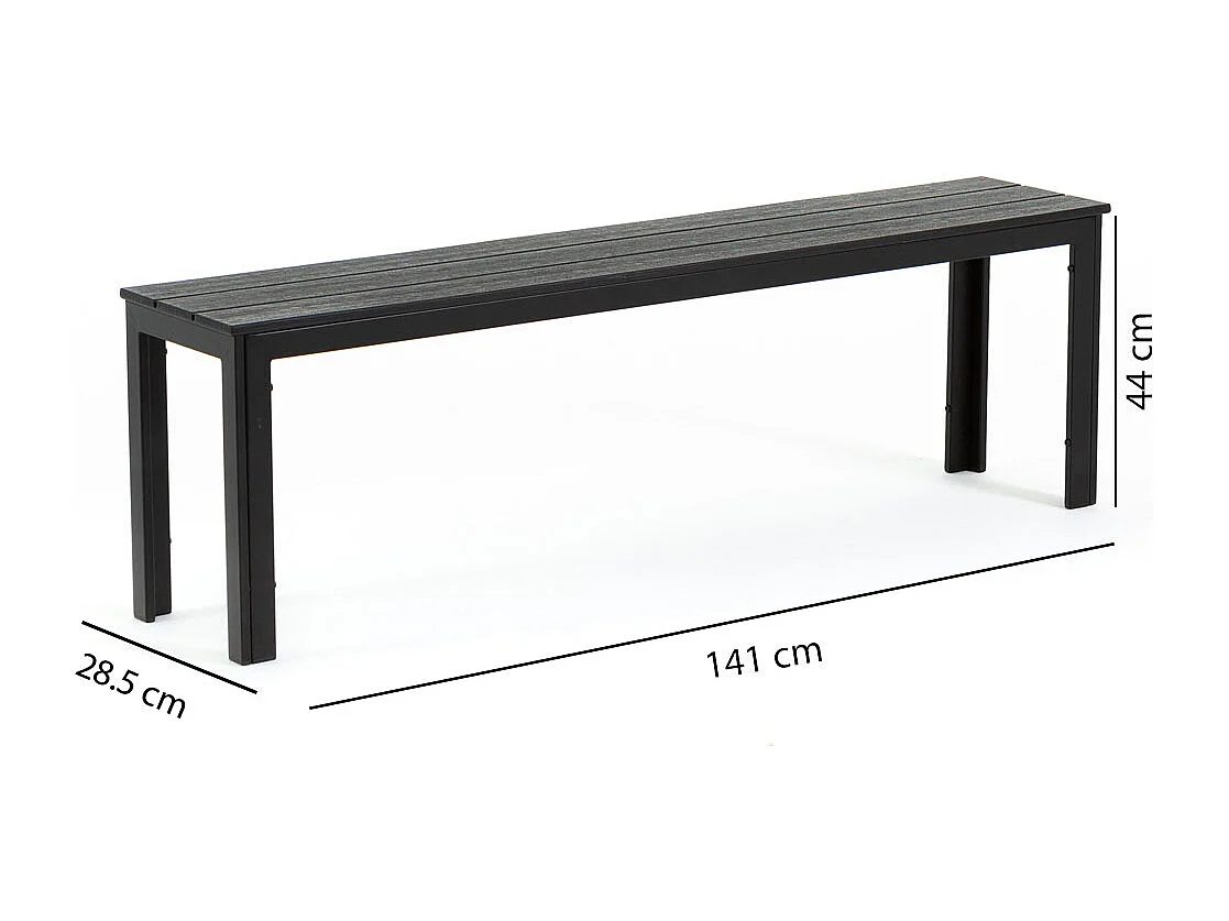Banc d’extérieur FIONA XL en acier et polyéthylène effet bois, résistant, élégant et peu encombrant, pour le jardin, la terrasse ou un coin détente.