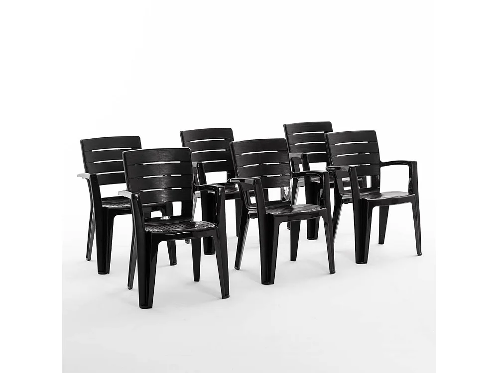 Set de 6 chaises monobloc en polypropylène avec fibre de verre, effet bois, empilables pour extérieur et jardin, bar et restaurant - Anita - Noir