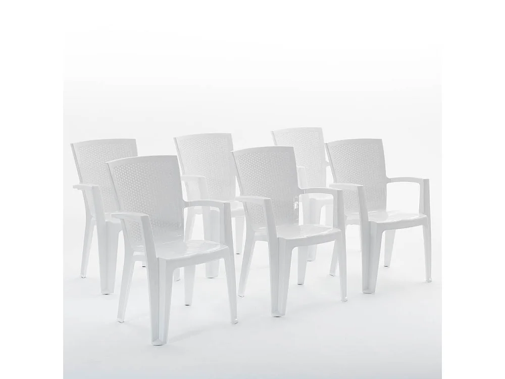 Set de 6 chaises monobloc en polypropylène avec fibre de verre, effet rotin, empilables pour extérieur et jardin, bar et restaurant - Diana - Blanc