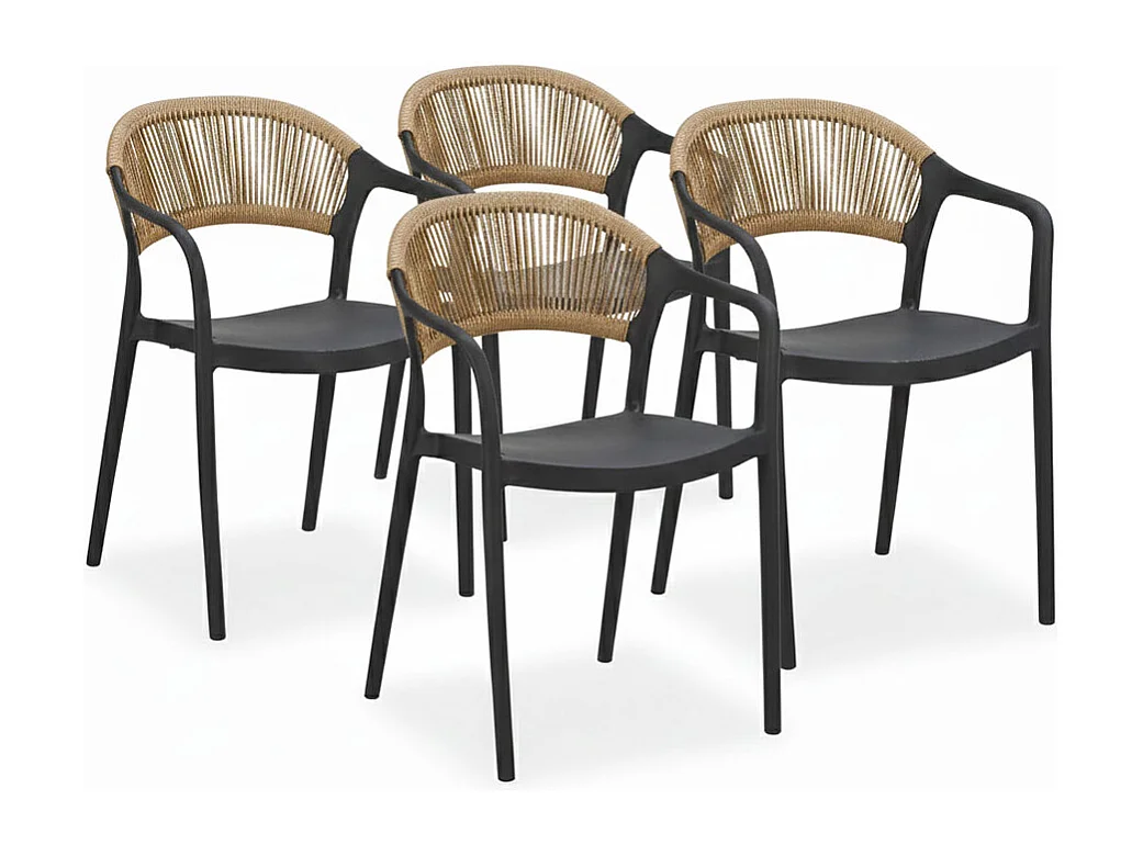 Lot de 4 chaises en polypropylène avec tissage en corde, élégantes, résistantes, empilables, pour jardin, balcon, bar, restaurants-JOLANDA-Noir