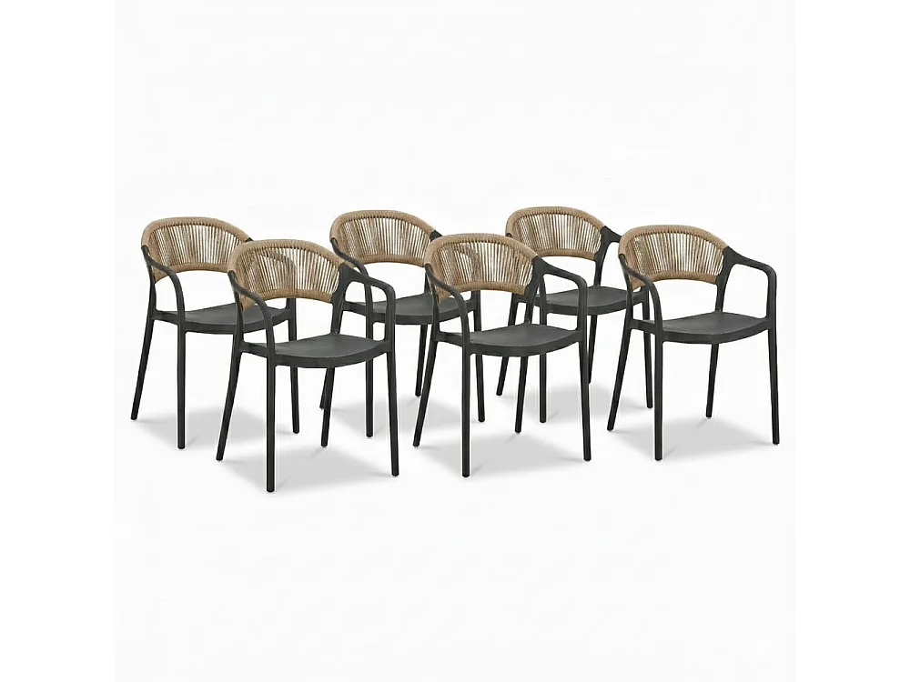 Lot de 6 chaises en polypropylène avec tissage en corde, élégantes, résistantes, empilables, pour jardin, balcon, bar, restaurants-JOLANDA-Noir