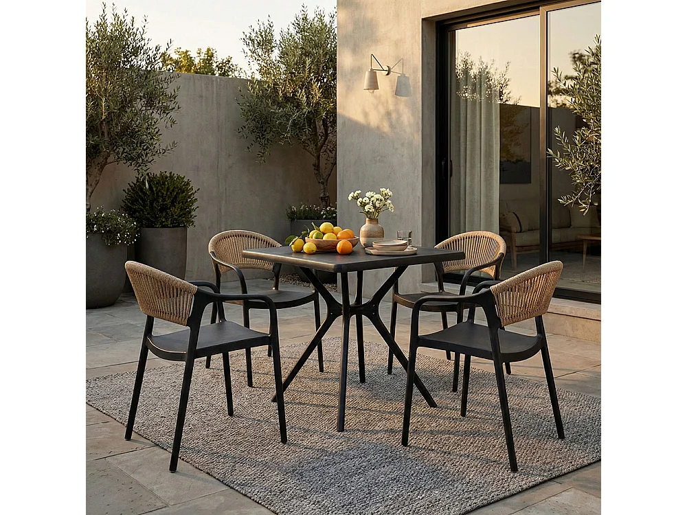 Lot de 6 chaises en polypropylène avec tissage en corde, élégantes, résistantes, empilables, pour jardin, balcon, bar, restaurants-JOLANDA-Noir