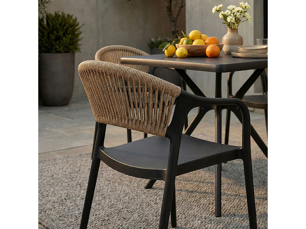 Lot de 6 chaises en polypropylène avec tissage en corde, élégantes, résistantes, empilables, pour jardin, balcon, bar, restaurants-JOLANDA-Noir