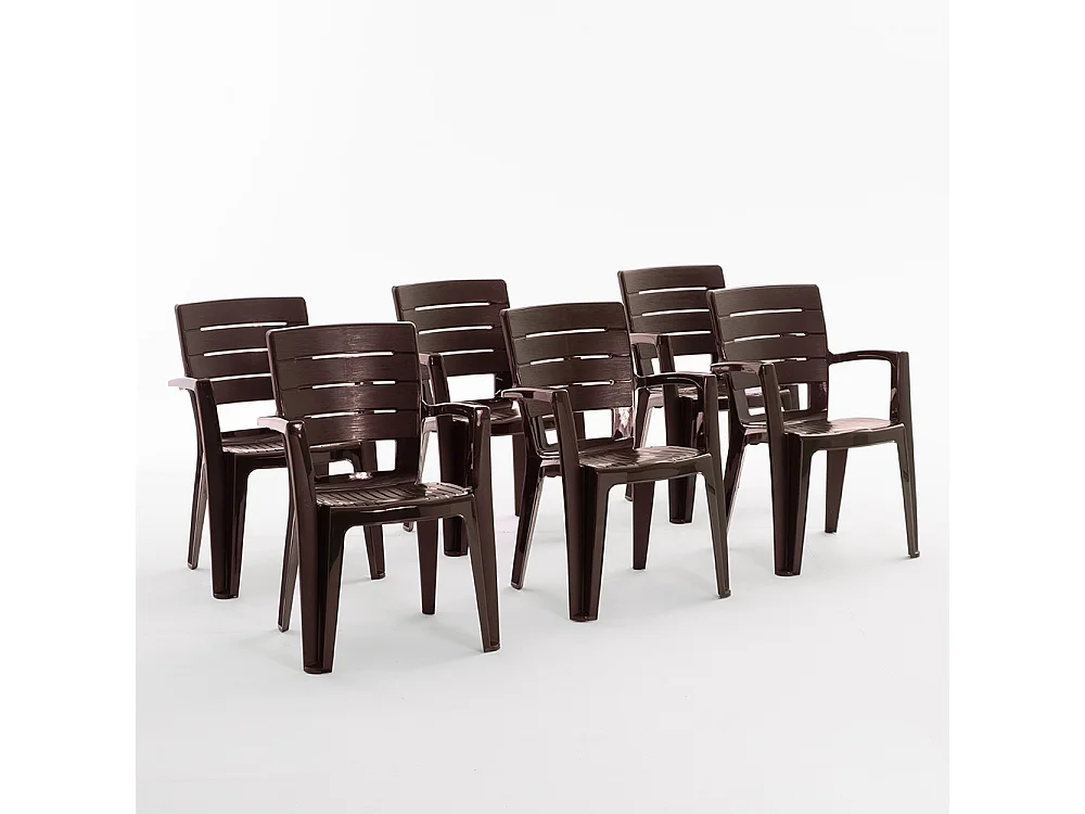 Set de 6 chaises monobloc en polypropylène avec fibre de verre, effet bois, empilables pour extérieur et jardin, bar et restaurant - Anita - Moka