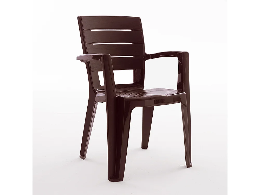 Set de 6 chaises monobloc en polypropylène avec fibre de verre, effet bois, empilables pour extérieur et jardin, bar et restaurant - Anita - Moka
