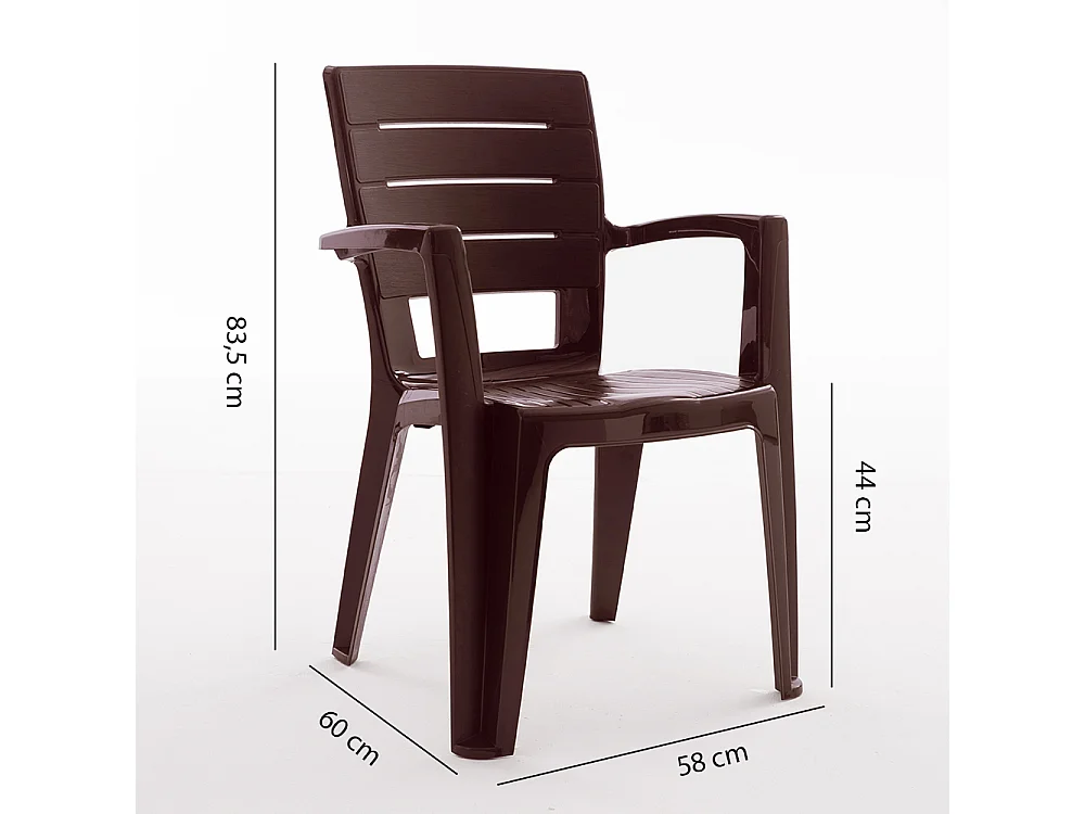 Set de 6 chaises monobloc en polypropylène avec fibre de verre, effet bois, empilables pour extérieur et jardin, bar et restaurant - Anita - Moka