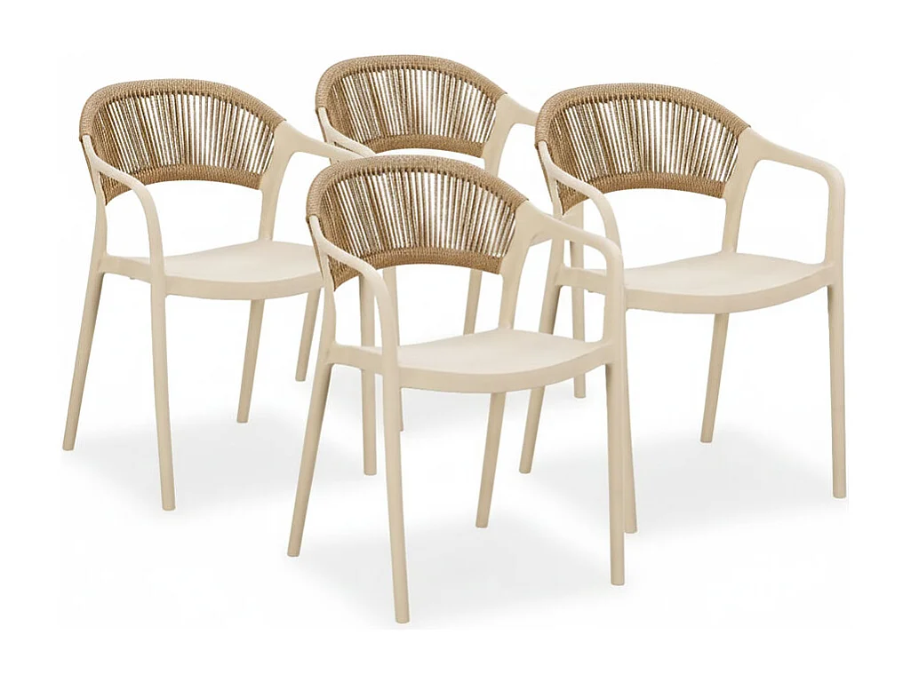 Lot de 4 chaises en polypropylène avec tissage en corde, élégantes, résistantes, empilables, pour jardin, balcon, bar, restaurants-JOLANDA-Crème