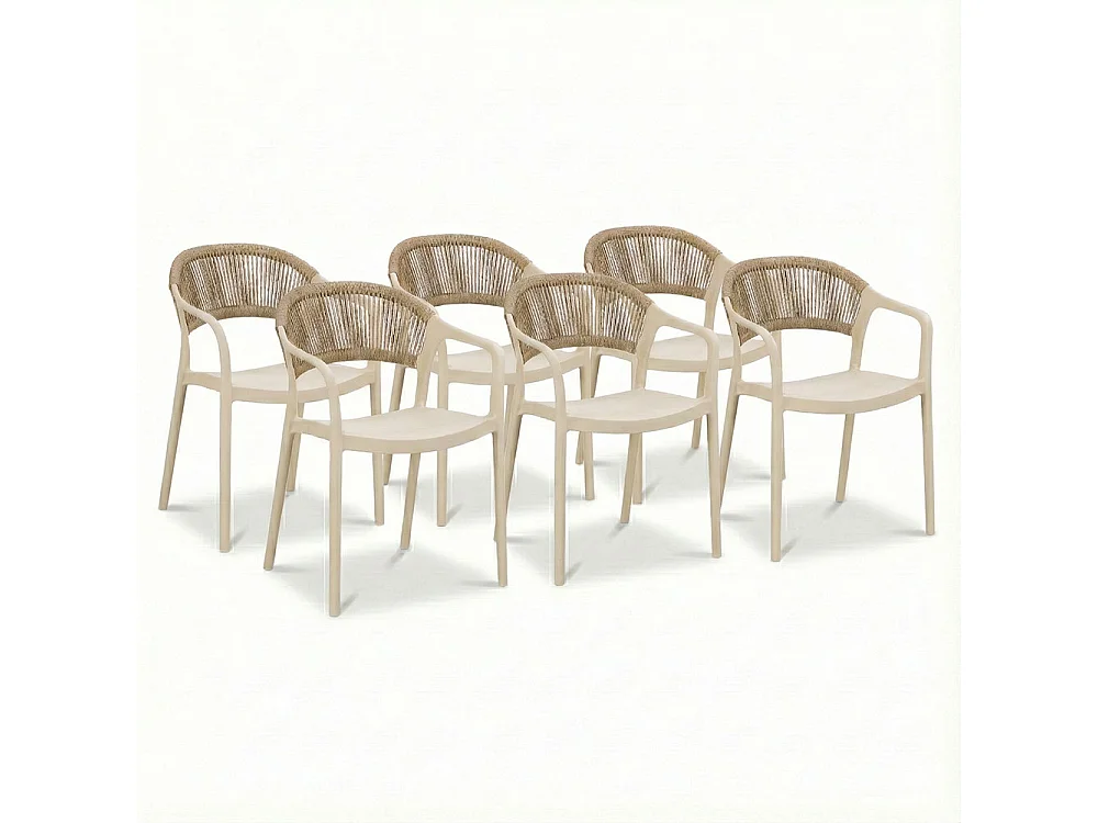 Lot de 6 chaises en polypropylène avec tissage en corde, élégantes, résistantes, empilables, pour jardin, balcon, bar, restaurants-JOLANDA-Crème