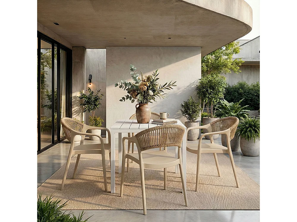 Lot de 6 chaises en polypropylène avec tissage en corde, élégantes, résistantes, empilables, pour jardin, balcon, bar, restaurants-JOLANDA-Crème