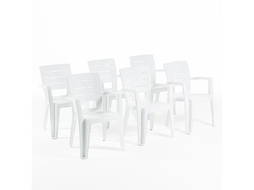 Set de 6 chaises monobloc en polypropylène avec fibre de verre, effet bois, empilables pour extérieur et jardin, bar et restaurant - Anita - Blanc