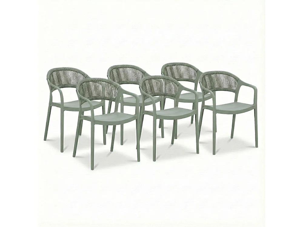 Lot de 6 chaises en polypropylène avec tissage en corde, élégantes, résistantes, empilables, pour jardin, balcon, bar, restaurants-JOLANDA-Sauge