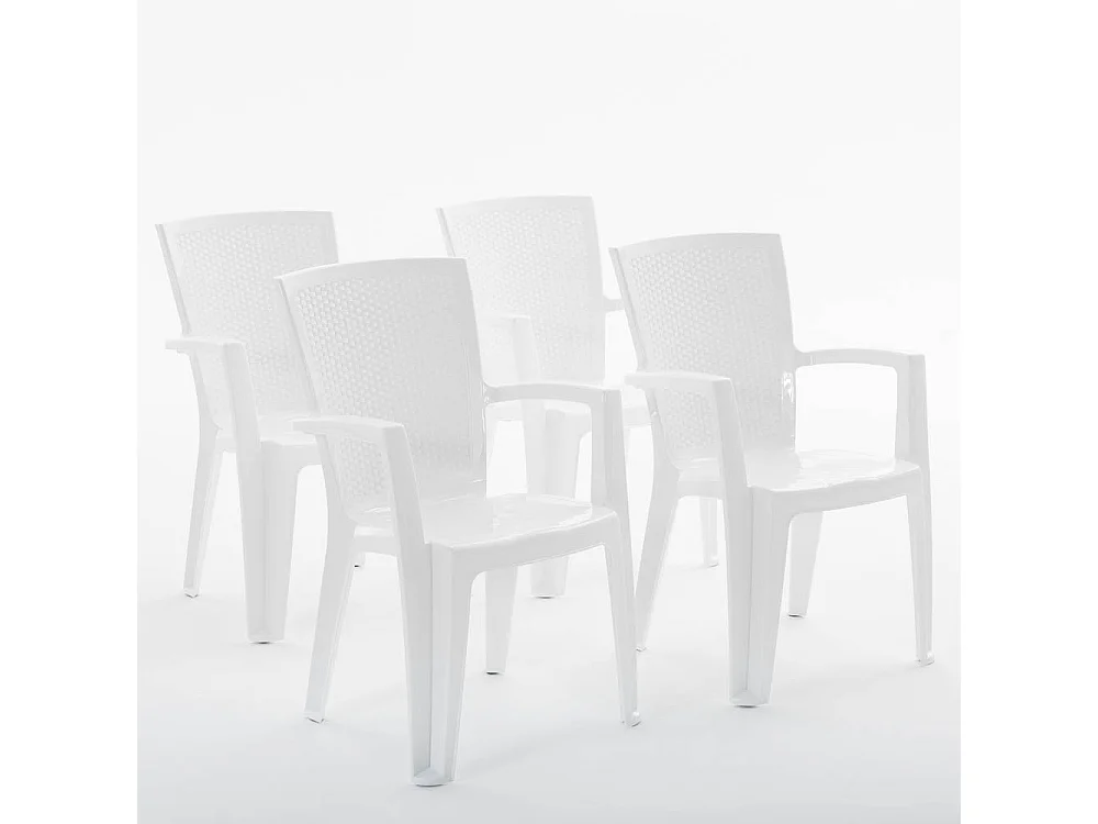 Set de 4 chaises monobloc en polypropylène avec fibre de verre, effet rotin, empilables pour extérieur et jardin, bar et restaurant - Diana - Blanc