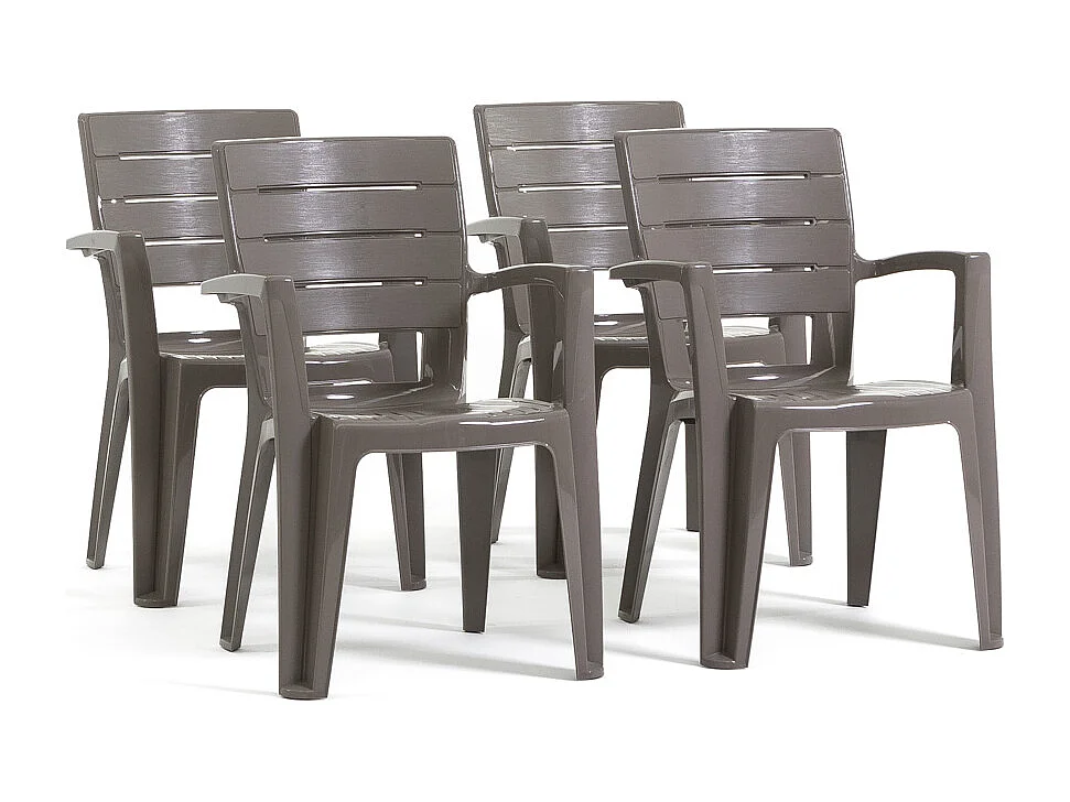Set de 4 chaises monobloc en polypropylène avec fibre de verre, effet bois, empilables pour extérieur et jardin, bar et restaurant - Anita - Taupe