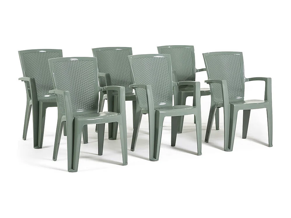 Set de 6 chaises monobloc en polypropylène avec fibre de verre, effet rotin, empilables pour extérieur et jardin, bar et restaurant - Diana - Sauge