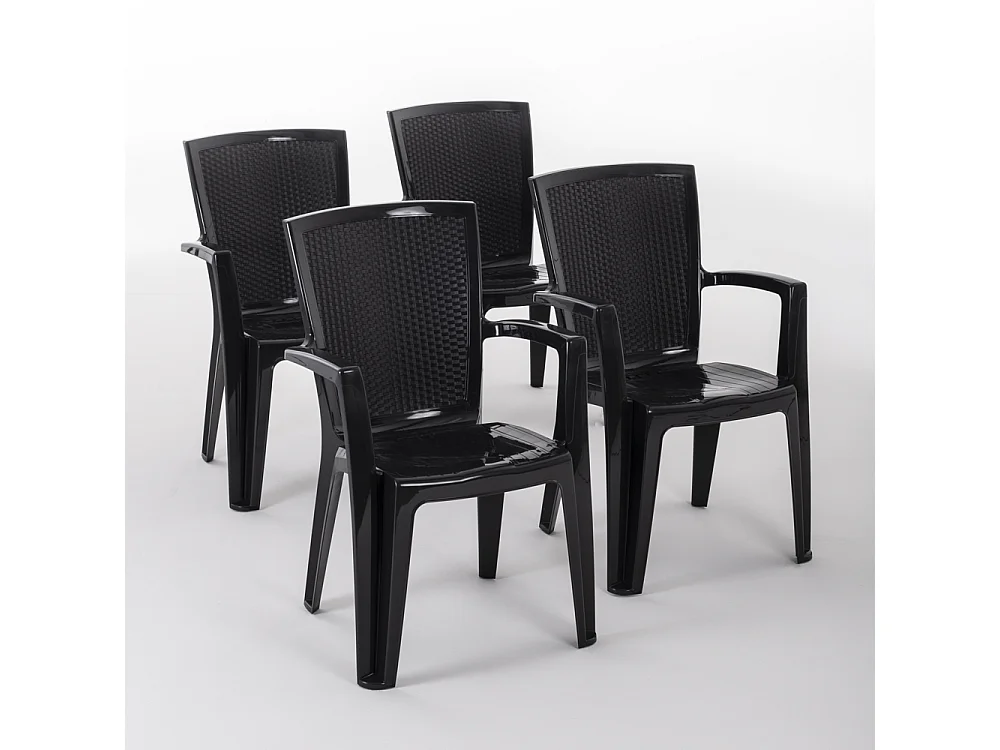 Set de 4 chaises monobloc en polypropylène avec fibre de verre, effet rotin, empilables pour extérieur et jardin, bar et restaurant - Diana - Noir