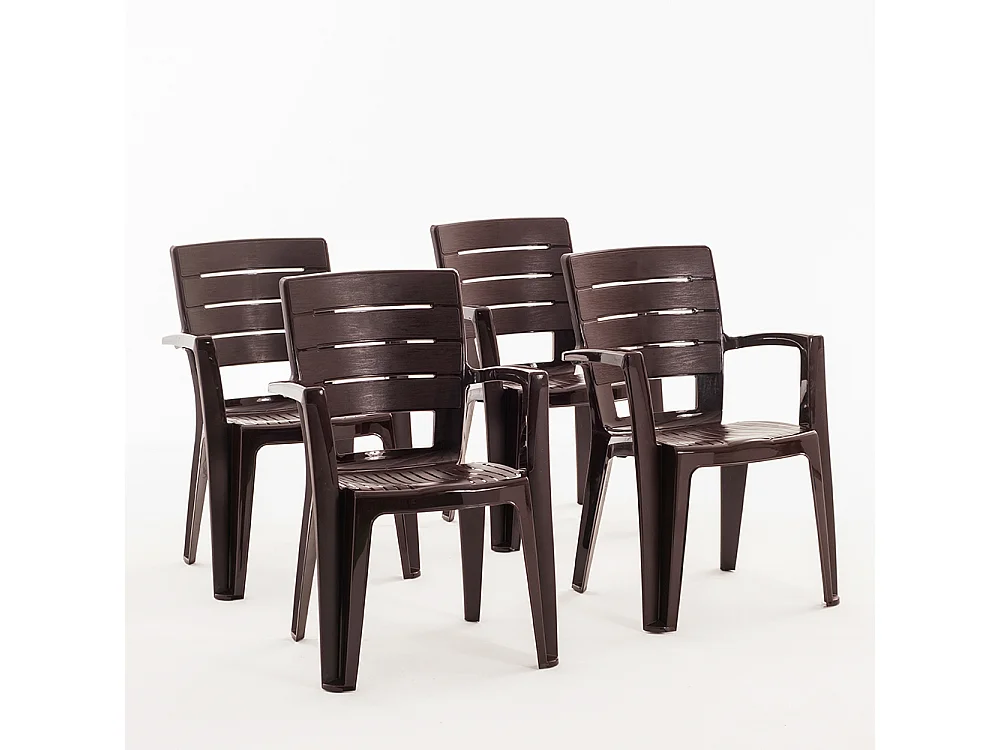 Set de 4 chaises monobloc en polypropylène avec fibre de verre, effet bois, empilables pour extérieur et jardin, bar et restaurant - Anita - Moka