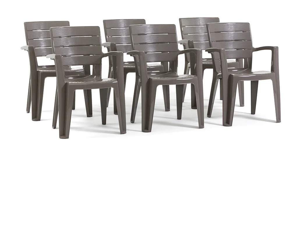 Set de 6 chaises monobloc en polypropylène avec fibre de verre, effet bois, empilables pour extérieur et jardin, bar et restaurant - Anita - Taupe
