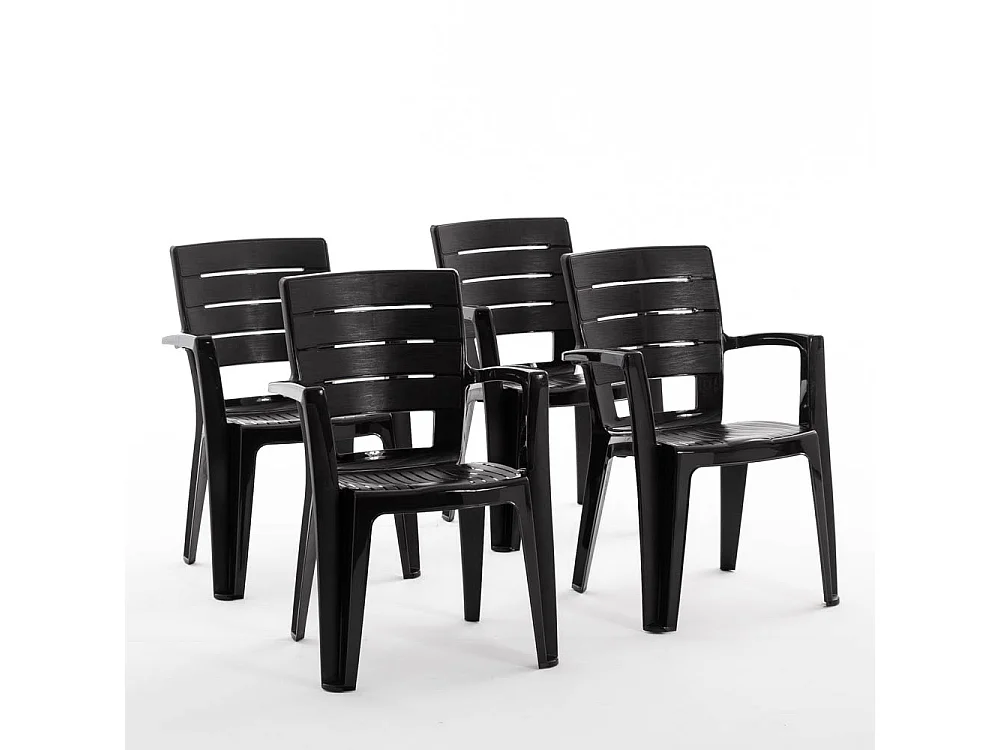 Set de 4 chaises monobloc en polypropylène avec fibre de verre, effet bois, empilables pour extérieur et jardin, bar et restaurant - Anita - Noir