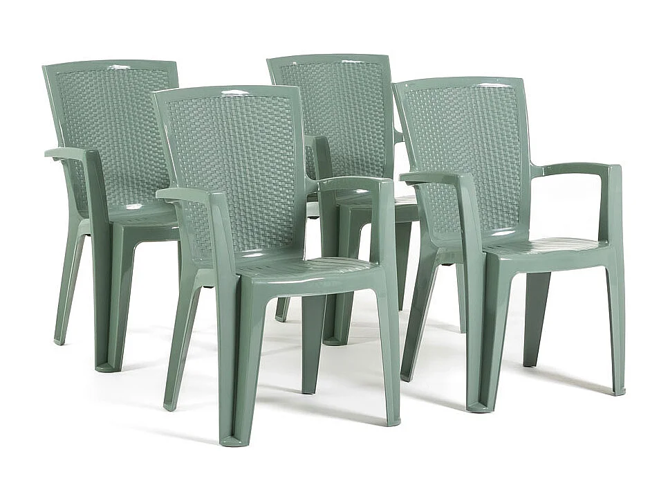 Set de 4 chaises monobloc en polypropylène avec fibre de verre, effet rotin, empilables pour extérieur et jardin, bar et restaurant - Diana - Sauge