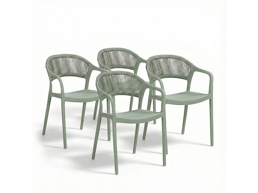 Lot de 4 chaises en polypropylène avec tissage en corde, élégantes, résistantes, empilables, pour jardin, balcon, bar, restaurants-JOLANDA-Sauge
