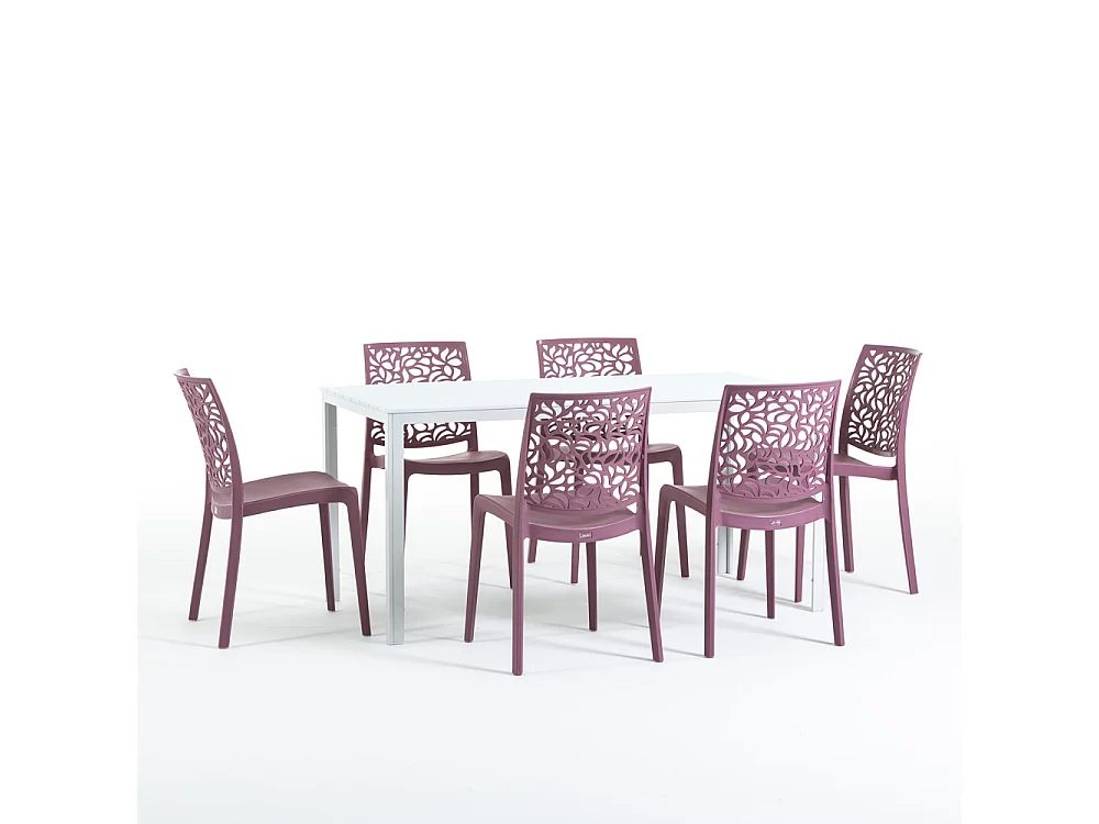 Lot de jardin avec table et 6 chaises, table rectangulaire avec structure en acier et chaises monobloc empilables en résine – Thomas+Anna/Mauve-Blanc