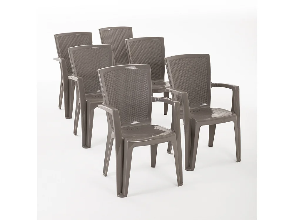Set de 6 chaises monobloc en polypropylène avec fibre de verre, effet rotin, empilables pour extérieur et jardin, bar et restaurant - Diana - Taupe