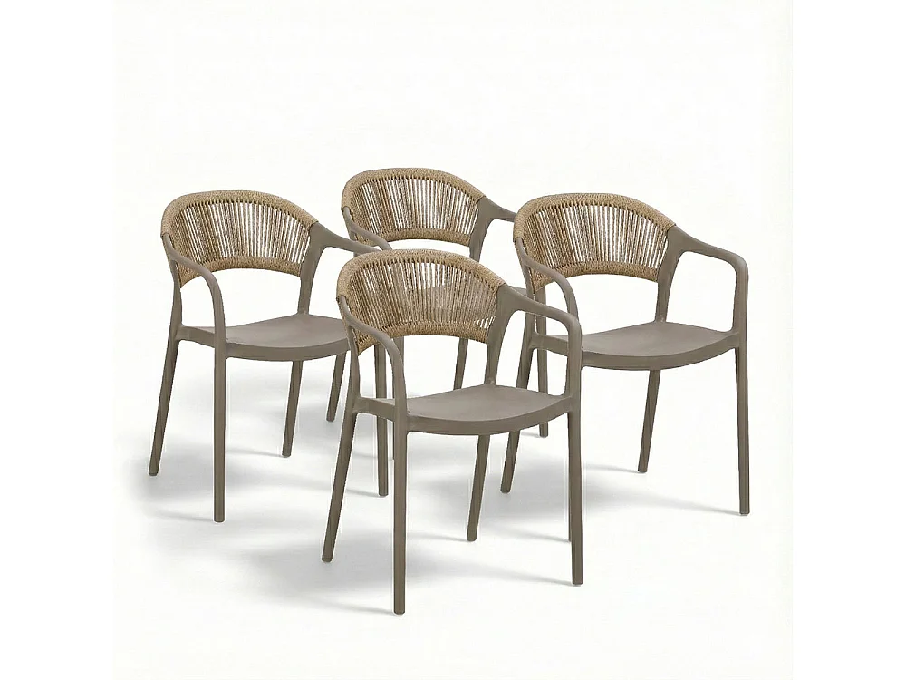 Lot de 4 chaises en polypropylène avec tissage en corde, élégantes, résistantes, empilables, pour jardin, balcon, bar, restaurants-JOLANDA-Taupe
