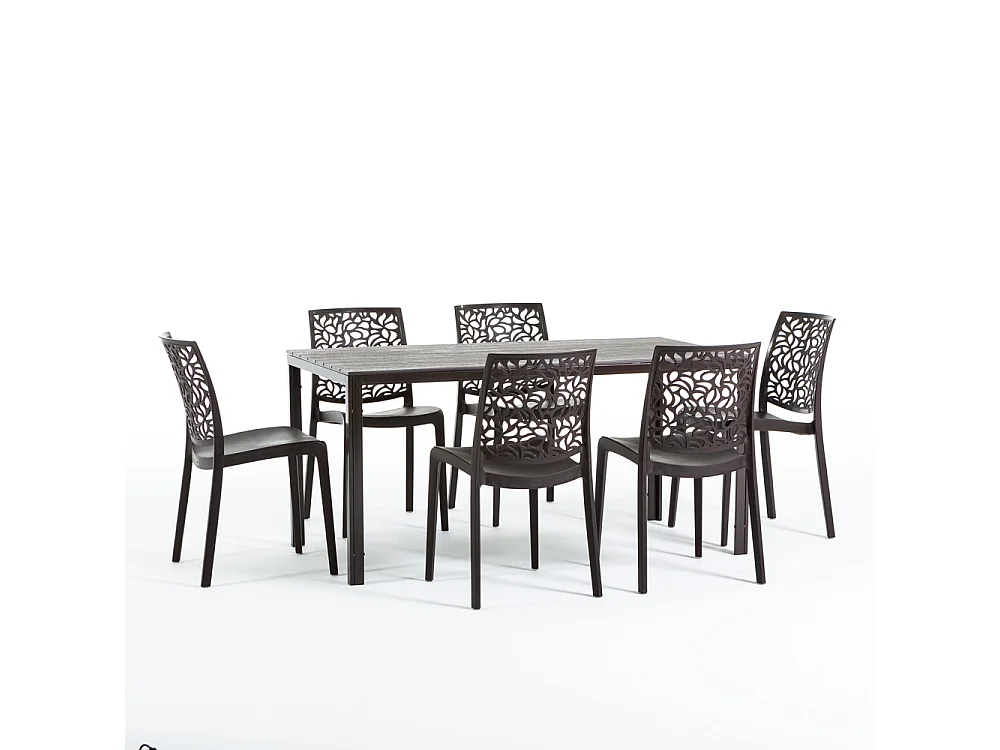 Lot de jardin avec table et 6 chaises, table rectangulaire avec structure en acier et chaises monobloc empilables en résine – Thomas+Anna/Moka