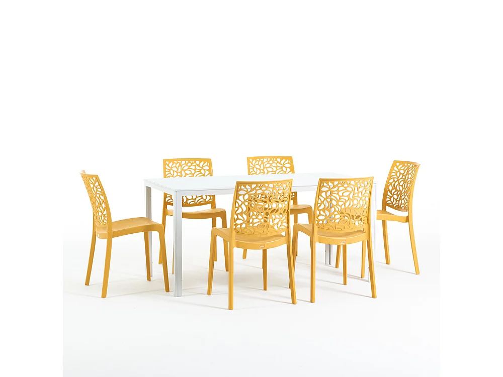 Lot de jardin avec table et 6 chaises, table rectangulaire avec structure en acier et chaises monobloc empilables en résine–Thomas+Anna/Moutarde-Blanc